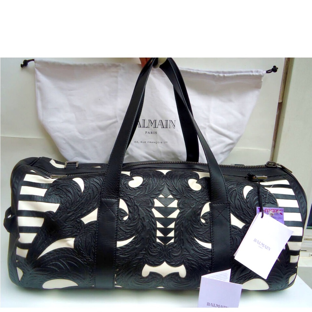 RARE Balmain Paris Weekender Bowling Bag Leather Black White Embossed Duffle